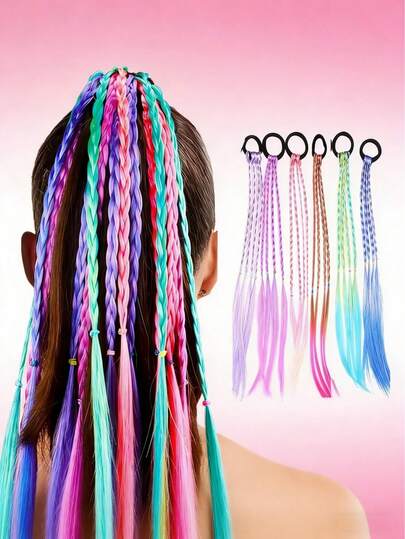 6pcs Vibrant Rainbow Synthetic Braided Hair Extensions, Colorful Clip-In Ponytail With Elastic Band For Women & Teens, Easy Boho Festival Hair For Concerts, Rave, Cosplay, Daily Fun. Clip In Hair Extensions, Braid Hair Extensions, Festival Hair, Rave Accessories, Colorful Hair, Synthetic Braids, Hair Clip Ins, Hair Jewelry, Party Hair, Kawaii Hair Accessories