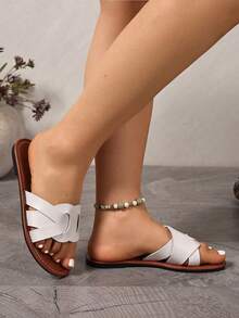Ximi Ruo Pantuflas cómodas con incrustaciones de diamante de imitación de ajuste amplio, sandalias planas casuales coreanas para mujer, chanclas de punta abierta para primavera, verano, playa y uso casual - Blanco - Ver 5