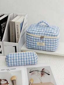 3PCS/1set Quilted Makeup Bag Set, Cosmetic Bag, Stylish Travel Toiletry Bag, Cute Small Pouch, Kawaii Aesthetic Makeup Bag, Travel Plaid Makeup Organizer Bag With Zipper Pocket, Chere Checkered Makeup Bag, Travel Makeup Bag, Large Capacity Pencil Case, Makeup Brush Holder Bag, Holiday Travel Toiletry Bag, Bathroom Accessories, Wedding Gift, Bridesmaid Gift, Birthday Gift, Friend Gift, Valentine's Day Gift, Holiday Gift, Bathroom Supplies, Back To School,Makeup Bag,Travel Essential - Multicolor - View 6