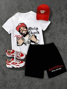 男童卡通图案印花短袖T恤和短裤夏季套装 - 白色 - 查看 1