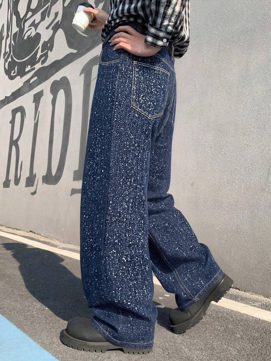 Quần jeans nam ống đứng kiểu Mỹ cổ điển họa tiết ngôi sao, quần ống rộng thoải mái phong cách đường phố, kiểu dáng thanh lịch dành cho sinh viên. - Màu xanh lam - Xem 1