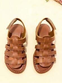 女童夏季新款罗马凉鞋，棕色百搭镂空平底鞋，适合儿童日常外出、教堂聚会等场合，轻便耐磨，全球畅销款 - 棕色 - 查看 2