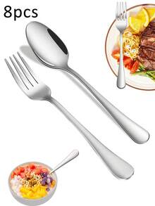 8件套不锈钢甜点叉勺套装，甜点餐具，叉子，适用于家庭、厨房、餐厅、婚礼、派对、圣诞礼物、学校用品，以及咖啡/茶/甜点/蛋糕/搅拌/水果/冰淇淋勺，可放入洗碗机清洗，不锈钢餐具，金色餐具 - 銀色 - 查看 1