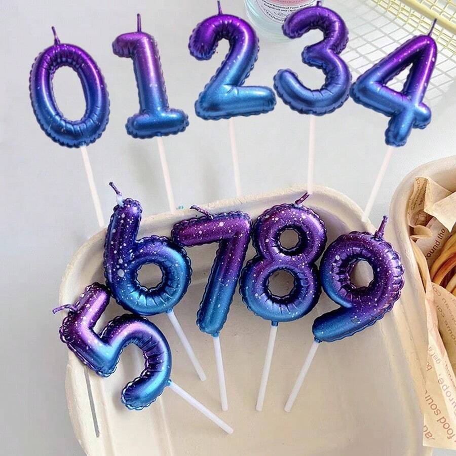 1个紫色和蓝色渐变花卉装饰气球，手绘0-9生日数字蜡烛，生日快乐蛋糕装饰，生日派对装饰，适用于生日、周年纪念、性别揭晓派对、单身派对、毕业典礼 - 公主主题，无羽毛，多用途庆典蜡烛，无需用电
