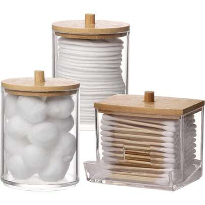 Bamboo Lid Swab Storage Box, Dustproof Plastic Round Swab Box, Bamboo Lid Transparent Storage Jar, Home Storage Supplies, Cosmetic Storage Box, Bathroom Supplies