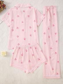 3pcs Women Bubble Crinkle Striped Bow Print Open Front Pajama Set - Baby Pink - View 2