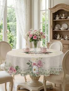 1件粉色玫瑰桌布，复古花卉图案，涤纶面料，圆形/方形/长方形可选，蕾丝花边，防污可水洗，家居装饰，婚礼，母亲节，父亲节，节日庆典，厨房餐桌，四季皆宜 - 彩色 - 查看 8