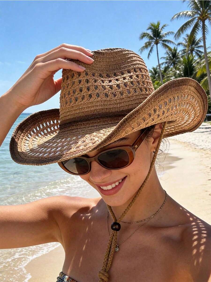 1pc Fashionable Panama Cowboy Straw Hat, Bohemian Style Beach Sun Hat, Windproof Casual Hat For Vacation, Back To School Season, Random Color Brim Rope, Suitable For Holiday Travel - A - View 1