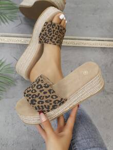 Women's Wedge Thick Bottom Sandals, Retro Leopard Print Woven Wedge Slippers, European And American Style Thick Bottom Elevated Slip-On Sandals, Summer Commute Versatile - Brown - View 5