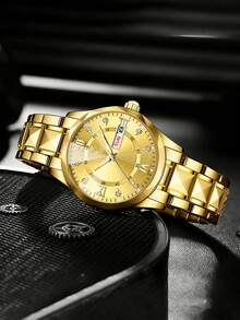 4pcs Luxury Jewelry Set: Gold Round Case Roman Numeral Quartz Watch, Bracelet & Bangle, With Calendar Design, Best Birthday Gift For Her, Suitable For Daily, Party, Holiday, Back To School - White - View 7