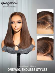 MEGALOOK 13x6 三股™蕾丝前置真人发假发，巧克力棕色，无胶直发波波头假发，带抽绳，200%密度，预漂白发结，自然拔毛发际线，双层拉直真人发，女士直发波波头假发 - S4 - 查看 4