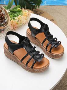 1 Pair Girls' Summer Roman Sandals, Fashionable Minimalist Hook And Loop Strap Solid Color Casual Thick Sole Non-Slip Open Toe Wedge Sandals - Black - View 1