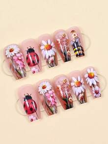 24Pcs Coffin Press On Nails Medium Length Fake Nails Flower Stick On Nails With Cute Ladybug Design Spring Acrylic Glue On Nails Red Green False Nails Reusable Full Cover Artificial Nails Kit For Women - Multicolor - View 2