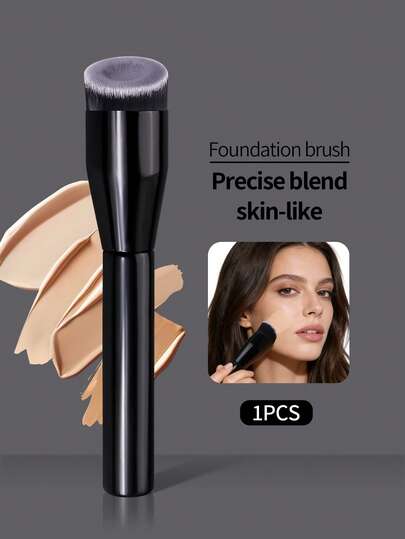 1支黑色粉底刷，木柄，圆柱形斜角刷头，底妆专用，专业化妆刷，适合初学者，家用/户外男女通用