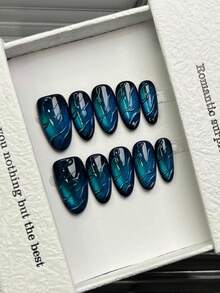 10片手工椭圆形亚克力美甲贴片，中号，简约蓝色美甲，闪亮猫眼，水波纹图案，简约优雅奢华手工美甲，春季美甲，夏季美甲贴片，多功能美甲DIY假指甲，适合派对、日常、约会、海滩、热带度假等场合，可重复使用，送给女性和女孩的礼物，美甲用品 - 藍色 - 查看 8
