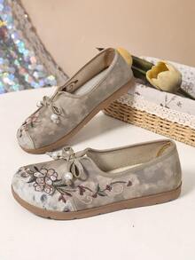 女士刺绣珍珠蝴蝶结休闲运动鞋，舒适日常通勤鞋，中国风，春秋季 - 咖啡棕 - 查看 3