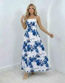 Vestido Longo Feminino Estampa Folhas Alças Cruzadas Casual Verão Tropical - Azul-flor - Visão 3