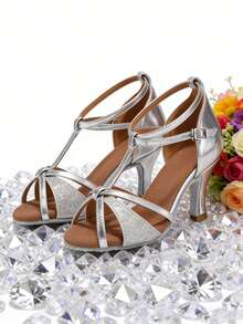 女童拉丁舞鞋高跟鞋交谊舞鞋莎莎舞鞋黑色银点舞蹈凉鞋 - 銀色 - 查看 3