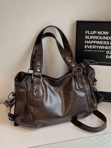 1pc Vintage Large Capacity Handbag, Vintage PU Messenger Shoulder Bag, Women Casual Tote Bag & Wallet, Bohemia Style Bag For Women, Tote Bags For School,College Essentials, Street & Japanese Bag For Women, New Fashionable Big Bags For Women, New Arrival Tote Bags For Woman , Vintage Bag , Y2k , Office - 咖啡棕 - 查看 8