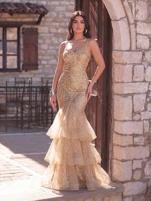 Faeriesty 优雅吊带美人鱼晚礼服：通体亮片，多层薄纱裙摆，露背设计，高开衩，曳地拖尾——是婚礼摄影、红毯仪式、浪漫周年庆典、正式晚宴、盛大庆典和春季派对的理想之选。 - 香檳色 - 查看 3
