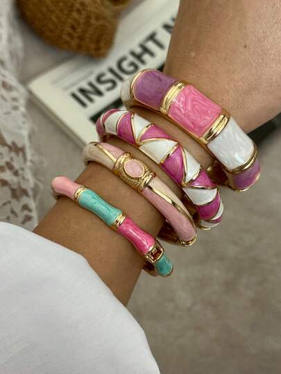 1pc French Luxury Gold-Plated Purple Enamel Unique Design Metal Inlay Bracelet, Suitable For Daily Commute, Travel, Outfit Matching, Gift Giving