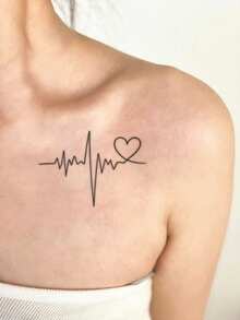 1 Pack Waterproof & Long-Lasting Women's Collarbone Electrocardiogram Tattoo Stickers: Delicate & Fresh Patterns, Disposable Realistic Temporary Tattoos - Multicolor - View 4