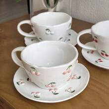 一套可爱3D樱桃图案高品质牛奶早餐杯，釉下彩手绘陶瓷咖啡杯，不对称造型简约少女风家居必备 - 粉色 - 查看 6