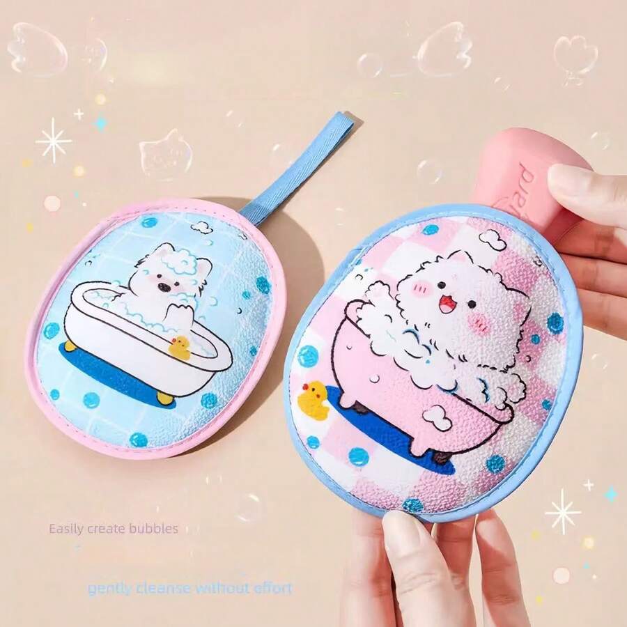 1 túi bông tắm hai mặt hình hoạt hình dễ thương, túi lưới đựng xà phòng, dụng cụ chà rửa mặt và toàn thân, bông tắm. - Hoạt hình - Xem 1