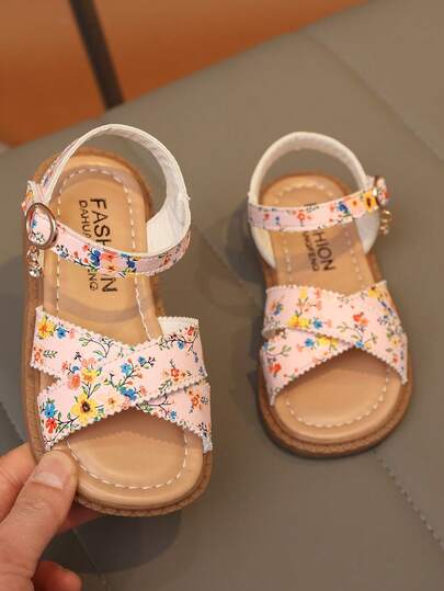 1 Pair Girls' Floral Print Decor Non-Slip Durable Open Toe Criss-Cross Strap Flat Sandals, Sweet Style, Suitable For Summer Daily Wear