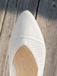 白色尖头编织网面鞋，浅口玛丽珍鞋，透气休闲通勤鞋，适合春夏穿着，修身款 - 白色 - 查看 5
