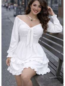 VESTIDO CORTO MANGA LARGA CON RESORTE ESTILO CAMPIRANO DOBLE OLAN TELA CEY. MOD. ELSIE - Blanco - Ver 5