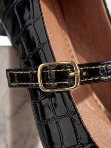 Women's Black Crocodile Patent Square Toe Pumps - Black - View 4