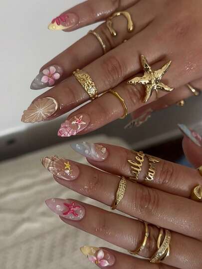 Y2K Floral Acrylic Nails 10Pcs French & Ocean-Themed Medium Almond Press On Tips DIY Design Shell/Starfish 3D Fake Nails Set For Nail Salons, Girls & Women Nail Supplies For Daily Wear, Holiday Parties & Gifts