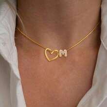 1pc New Hollow Heart Letter Pendant Necklace, Stainless Steel Herringbone Chain, Women - Vàng 2 - Xem 5