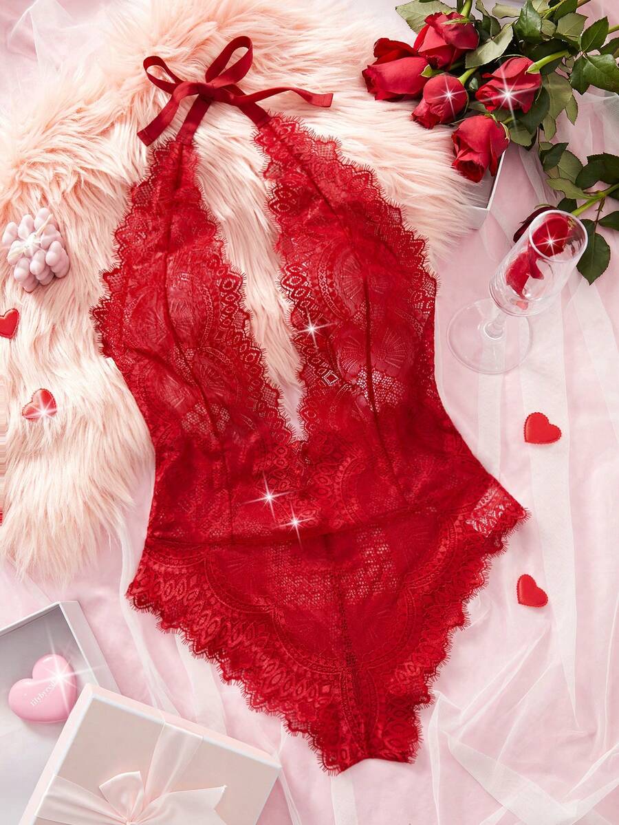 新款深V领蕾丝性感内衣，透视露背连体裤，性感女士贴身衣物，狂欢节派对服装，情人节礼物 - 酒紅色 - 查看 1