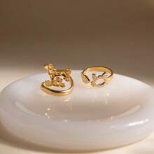 精致甜美的18K金不锈钢锆石猫狗钛钢戒指，小众高端珠宝 - 彩色 - 查看 3