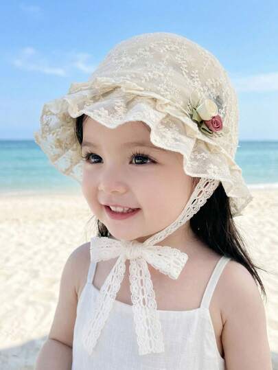 1pc Toddler Girls' Beige Lace Bow Sun Hat, Breathable UV Protection Princess Style Embroidered Children Cap