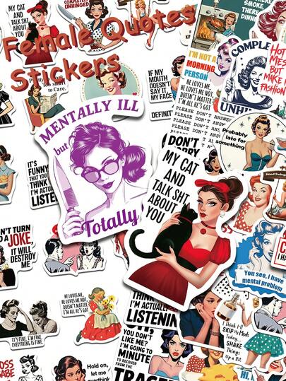 50pcs Retro Female Quotes Stickers Decals For Phone Laptop Notebook Suitcase Skateboard Guitar Graffiti Aesthetic Stickers Creative Gifts Scrapbook Supplies Stationery Funny Stickers Kindle