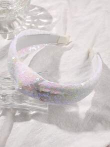 1件白色炫彩亮片激光反光打结交叉宽檐发箍，优雅适合派对、节日、度假、春夏发饰发带发箍 - 白色 - 查看 4