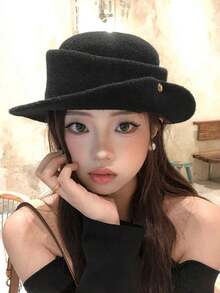 1件法式黑色女帽，秋冬復古時尚帽，可顯臉小，捲邊水桶帽，戶外多用途，適合送給老師或朋友作為生日或開學季禮物 - 彩色 - 查看 7
