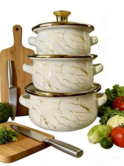 Juego de 3 piezas de utensilios de cocina con revestimiento esmaltado reforzado, que incluye olla con tapa de doble asa, olla de guiso, olla de sopa, olla para fideos, mini olla caliente, adecuado para cocinar gachas, leche, guisar, cocina de gas e inducción