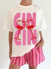马提尼干杯印花图案T恤，女士休闲圆领短袖T恤，秋季女装返校季白色夏季款 - 白色 - 查看 1