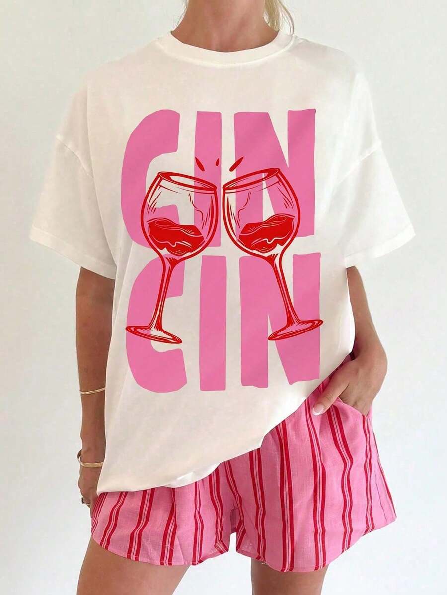 马提尼干杯印花图案T恤，女士休闲圆领短袖T恤，秋季女装返校季白色夏季款 - 白色 - 查看 1