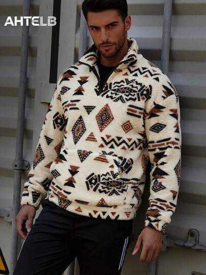  AHTELB Men's Loose Fleece Printed Sweatshirt, Casual Half-Zip Stand Collar Long Sleeve Top, Suitable For Outdoor, Winter, Skiing And Other Occasions
