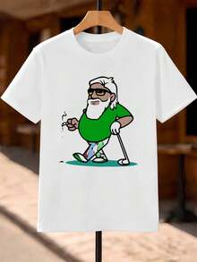 Camiseta divertida para golfistas com estampa de "Caminhante de golfe de desenho animado", algodão macio, modelagem relaxada, casual, confortável, estampa gráfica. - Branco - Ver 2