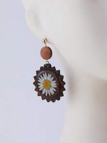 一对天然木质底座干花向日葵耳环，自然主义设计，夸张风格，适合旅行、度假、派对、下午茶、音乐节和日常佩戴。 - 咖啡 - 查看 7