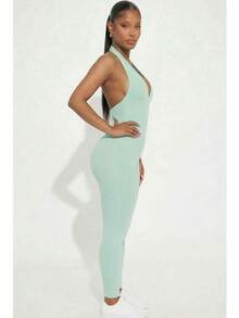 Women's Rib Knit Halter V-Neck Bodycon Jumpsuit - Casual Solid Color, Slim Fit Summer Jumpsuit, Polyester, Machine Washable - Green Bay - View 2