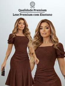 Women's Modern Casual Elegant Midi Lace Dress With Spandex, Comfortable, And Ruffled Hem. - 鏽棕色 - 查看 8