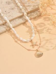 2pcs Summer Beach Vacation Style Natural Seashell & Gold Starfish Pendant Necklace, Handmade Metal Chain Versatile Seashell Jewelry Accessory Suitable For Daily Wear, Beach Travel, Handcrafted Chain Length Adjustable, Natural Seashell Shape And Pattern Randomly Varied - Multicolor - View 3