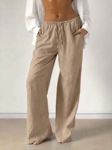 Women's Casual Comfortable Versatile Linen Loose Flowy Wide Leg Pants Spring - 杏色 - 查看 2